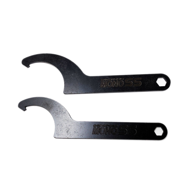Load image into Gallery viewer, Two black Godspeed Mono SS adjustment wrenches for Nissan Skyline GT-R R32 coilovers.