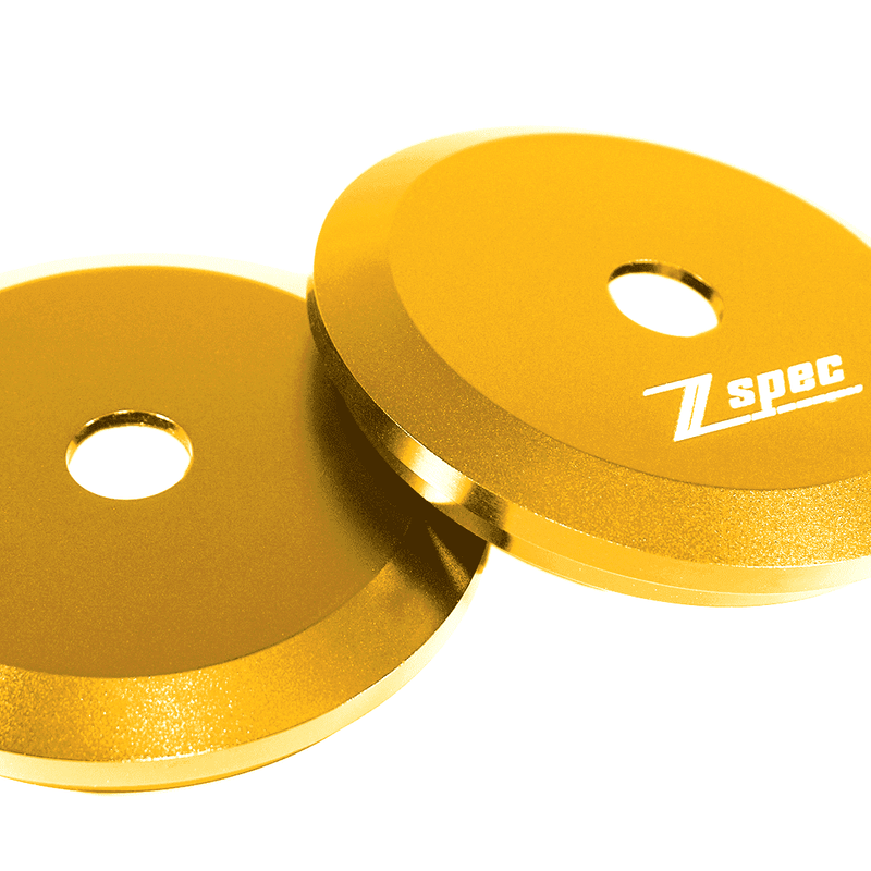 Load image into Gallery viewer, Gold billet ZSPEC shock/strut tower covers for 1990-1996 Nissan 300ZX Z32 with white logo branding.