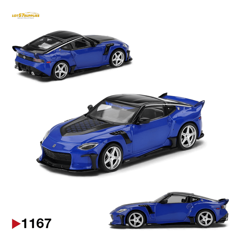 Load image into Gallery viewer, Mini GT 1:64 scale Nissan Z VeilSide FFZ400 diecast model in Seiran Blue with black accents, shown from multiple angles.
