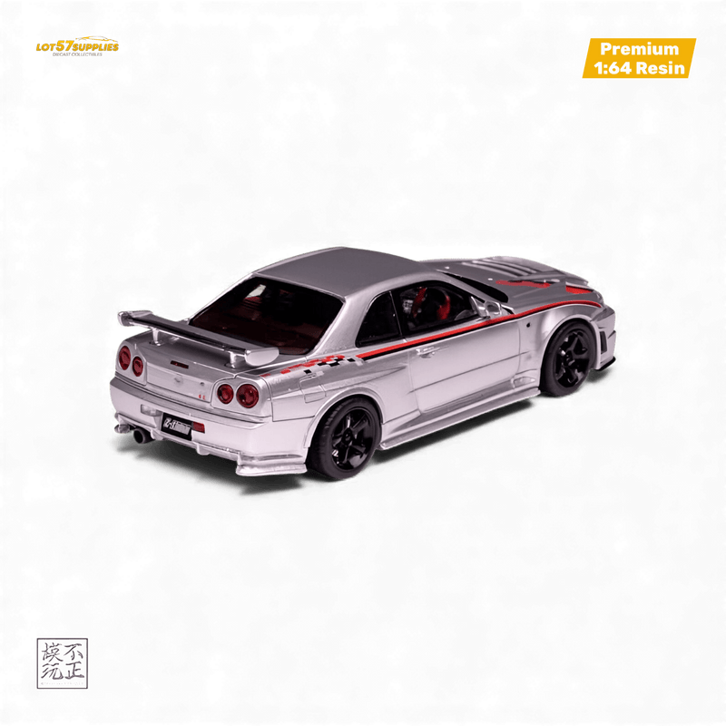 Load image into Gallery viewer, 1:64 scale silver Nissan Skyline GT-R R34 Z-Tune Nismo edition model car with red and black side stripes.