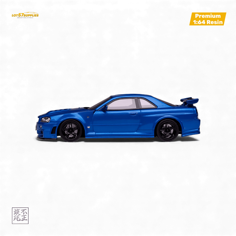 Load image into Gallery viewer, 1:64 scale Bayside Blue Nissan Skyline GT-R R34 Z-Tune model car, profile view with black wheels.