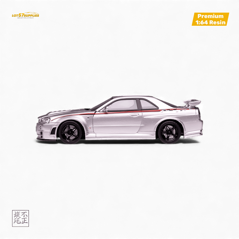 Load image into Gallery viewer, 1:64 scale silver Nissan Skyline GT-R R34 Z-Tune Nismo edition resin model car, side profile view with black wheels.