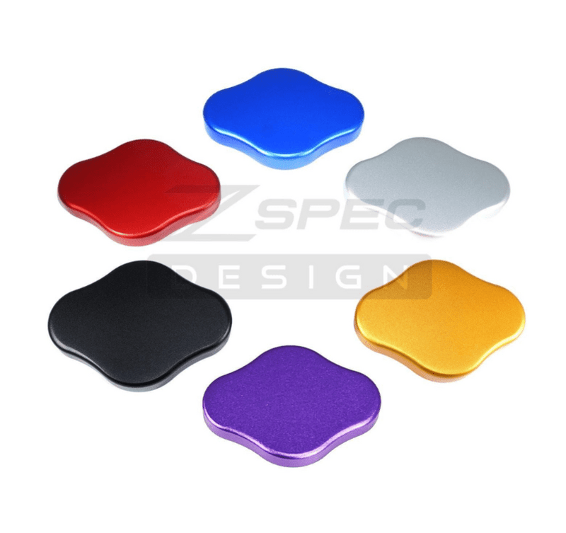 Load image into Gallery viewer, Six ZSPEC billet radiator cap covers for Nissan GT-R R32-R35 in red, blue, silver, black, gold, and purple.