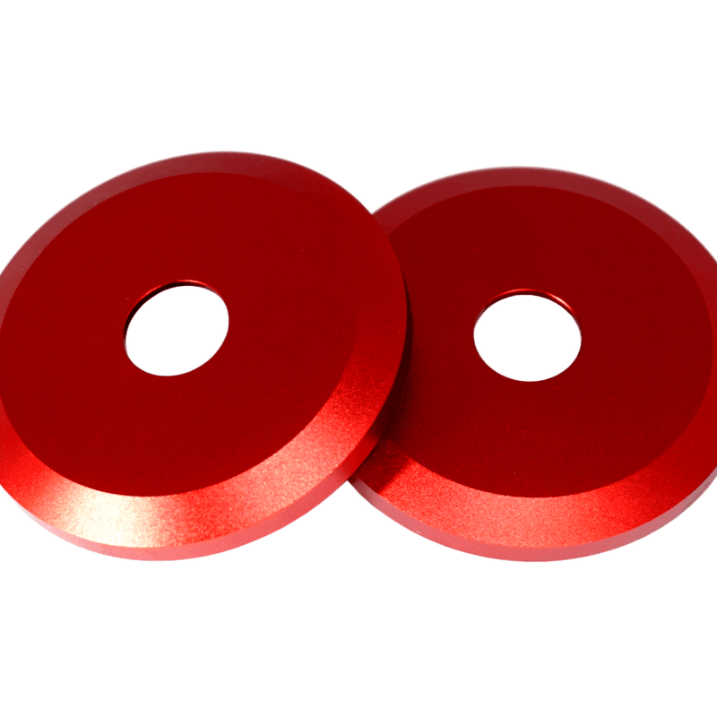 Load image into Gallery viewer, Red ZSPEC billet shock tower covers for 1990-1996 Nissan 300ZX Z32. New condition, circular design with center hole.