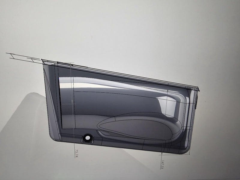 Load image into Gallery viewer, 3D CAD design render of a gray carbon fiber single turbo airbox for RB engine, showing detailed engineering dimensions.