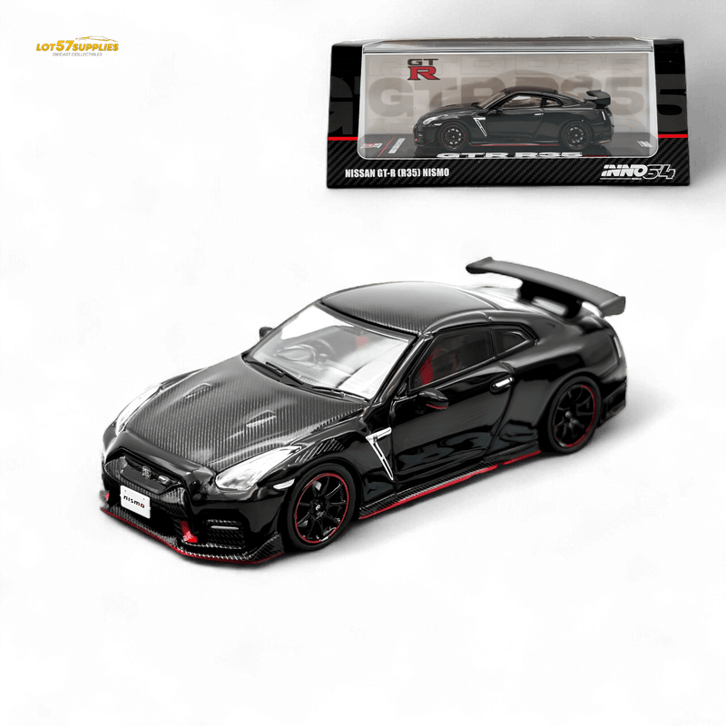 Load image into Gallery viewer, Inno64 1:64 diecast black Nissan GT-R R35 NISMO with carbon fiber hood, red accents, and display box.