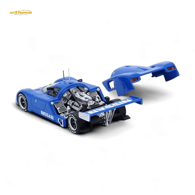 Load image into Gallery viewer, Inno64 1:64 scale blue Nissan R89C race car model with exposed engine detail and removable rear bodywork.