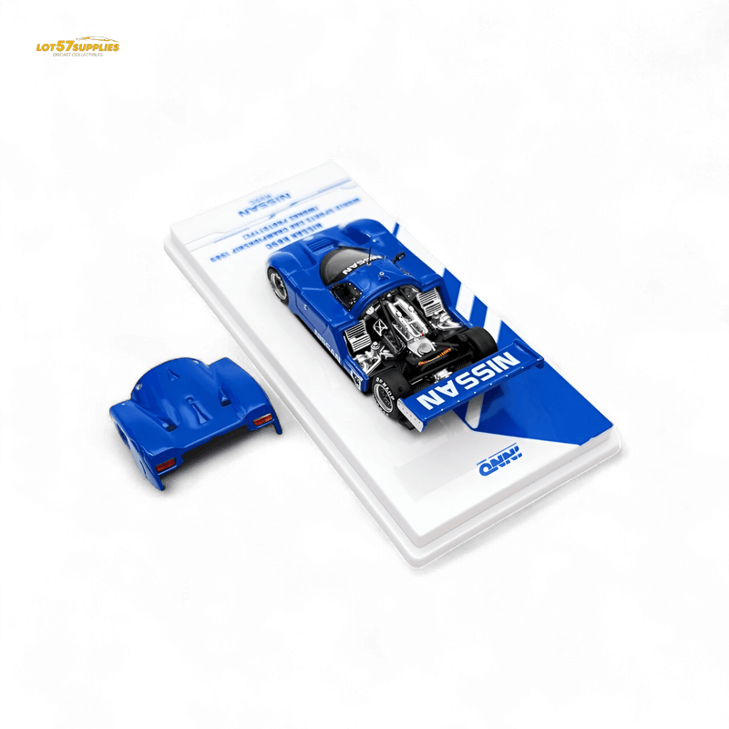 Load image into Gallery viewer, Inno64 1:64 scale blue Nissan R89C model car with removable engine cover on a display base.
