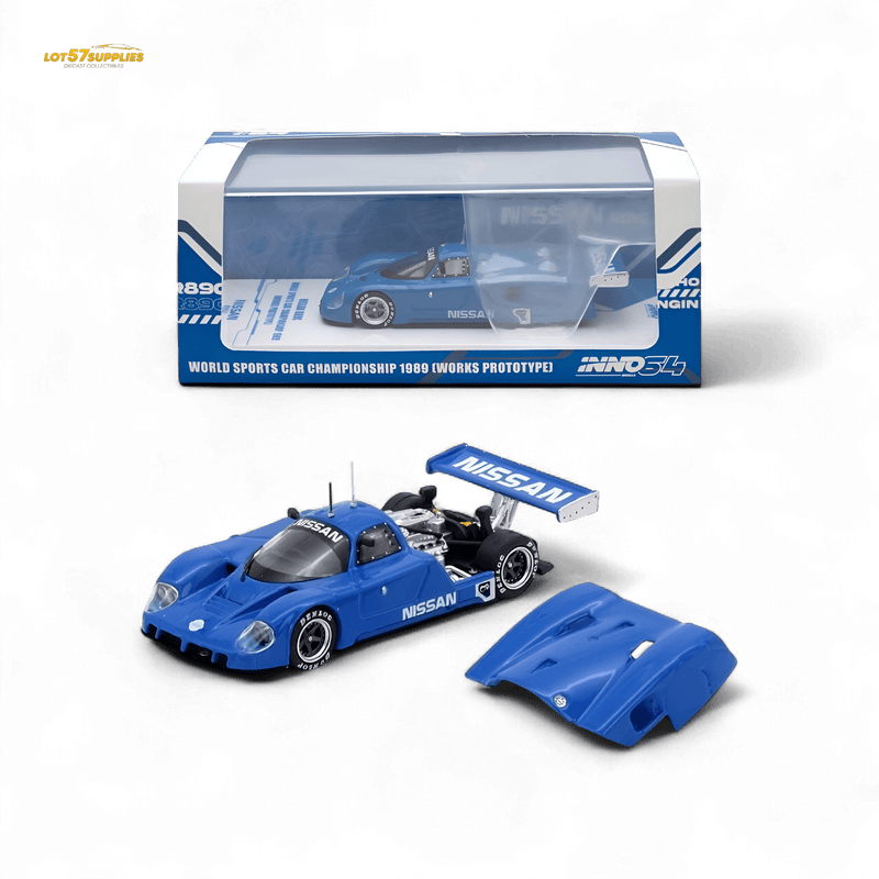 Load image into Gallery viewer, Inno64 1:64 scale blue Nissan R89C 1989 race car model with detachable engine cover in original packaging.