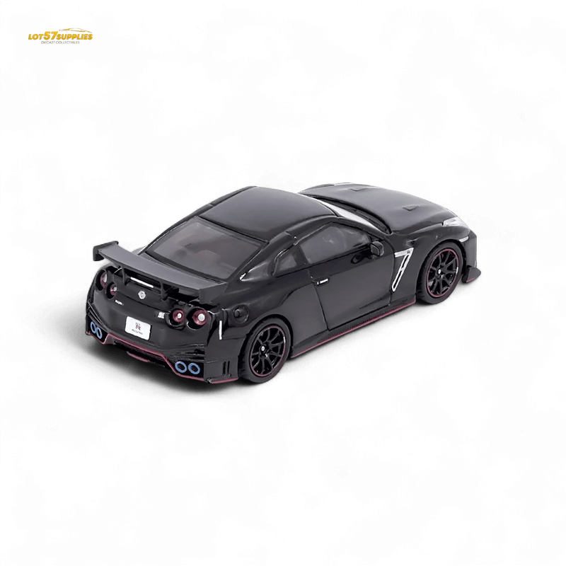 Load image into Gallery viewer, Inno64 1:64 scale black Nissan GT-R R35 NISMO diecast car with red-trimmed wheels and blue exhaust tips.