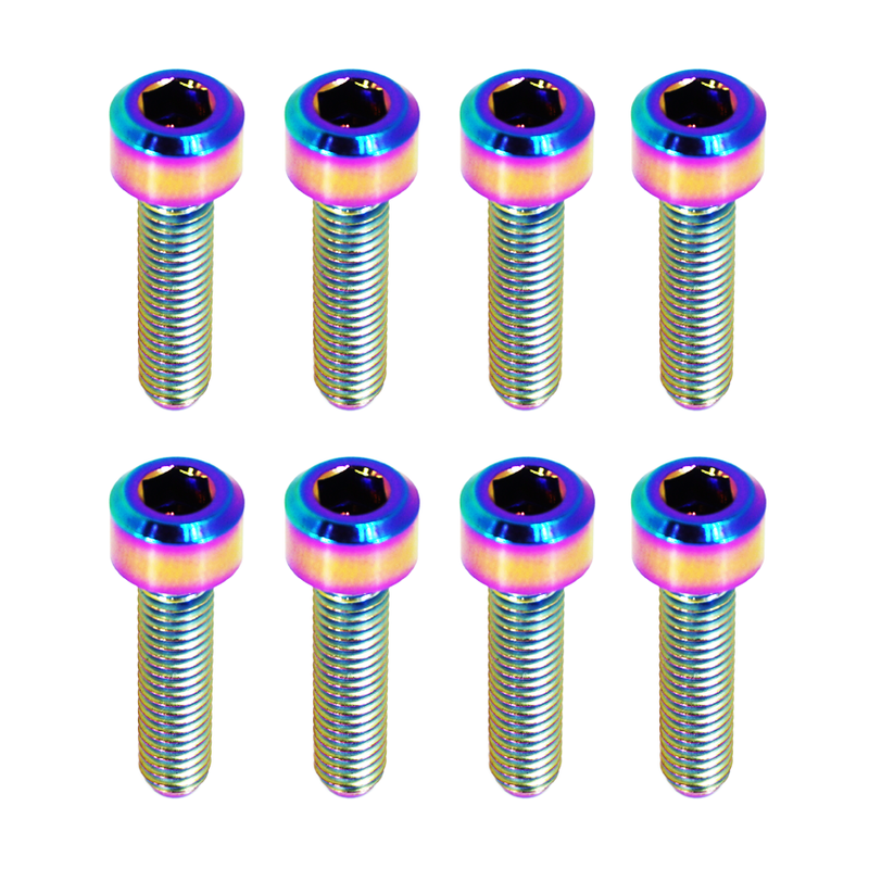 Load image into Gallery viewer, ZSPEC Grade-5 titanium fuel injector bolt kit for Nissan SR20, featuring 8 iridescent burnt-titanium finish bolts.