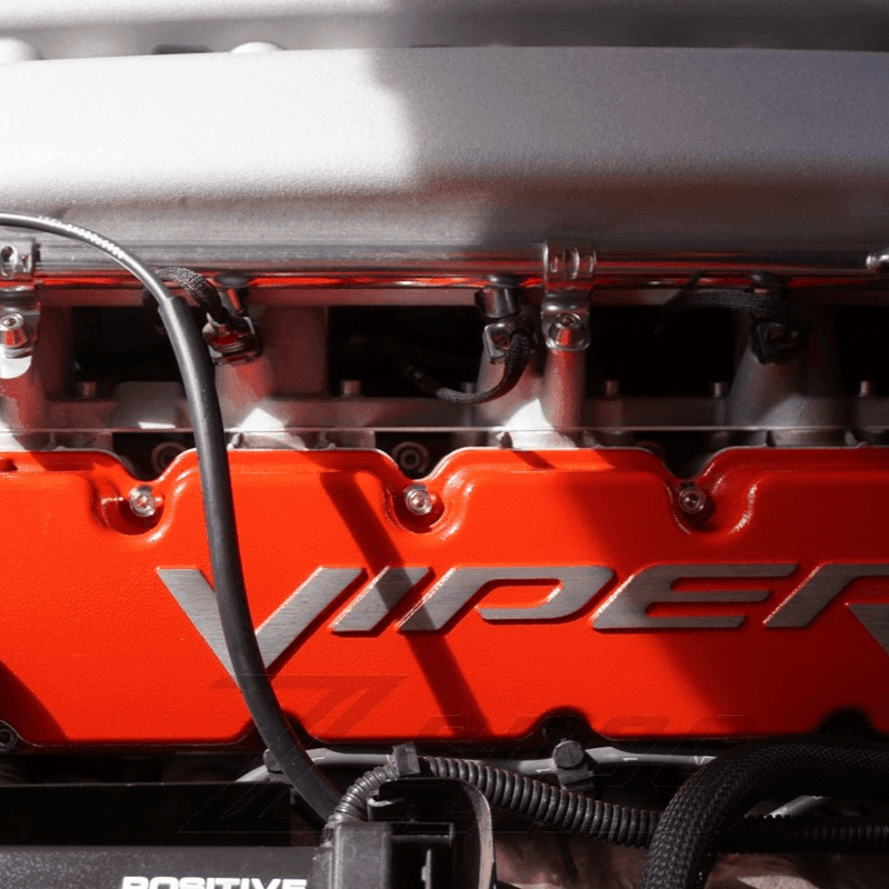 Load image into Gallery viewer, ZSPEC stainless valve cover fastener kit installed on a 2003-2006 Dodge Viper V10 engine with orange valve covers.