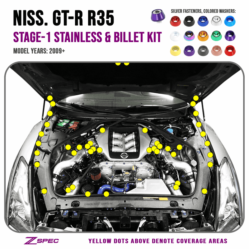 Cargue la imagen en el visor de la galería, ZSPEC Stage-1 Dress Up Bolts® Fastener Kit for '09-23 Nissan GTR (R35), Stainless & Billet