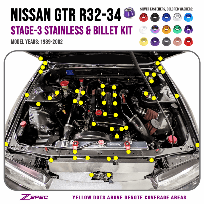 Cargue la imagen en el visor de la galería, ZSPEC Stage-3 Dress Up Bolts® Kit for Nissan Skyline GT-R/GTR R32/R33/R34, Stainless & Billet