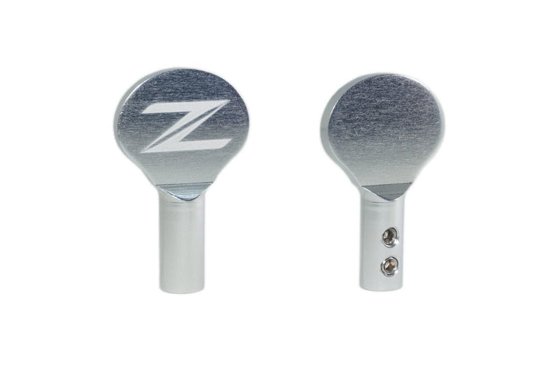 Load image into Gallery viewer, Two silver billet aluminum ZSPEC dipstick handles for Nissan 370Z Z34, showing front with Z logo and back with set screws.