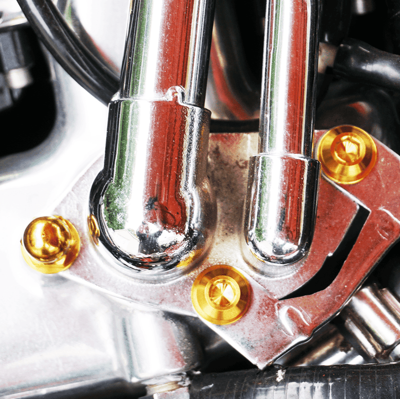 Load image into Gallery viewer, ZSPEC titanium gold hardware kit installed on a chrome balance tube for a Nissan 300ZX Z32.