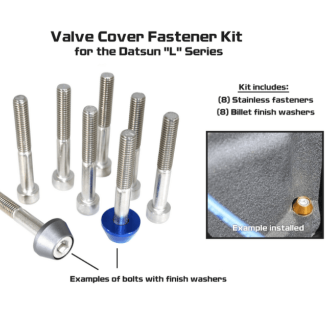 Load image into Gallery viewer, ZSPEC stainless valve cover fastener kit for Datsun L-series with colorful billet finish washers.