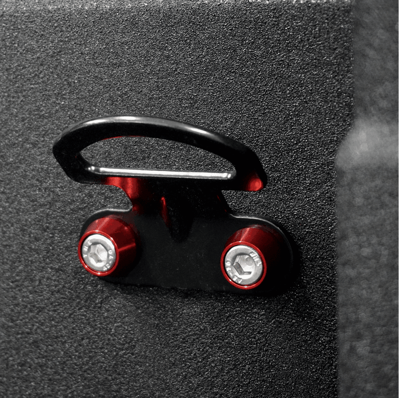ギャラリービューアに画像をロードする, ZSPEC bed rope hook for Nissan Frontier D40/D41. Black metal hook with red billet fastener washers and silver bolts.