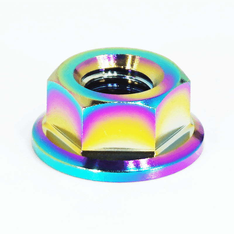 Load image into Gallery viewer, ZSPEC Grade-5 titanium water pump pulley nut for SR20/KA24 engines in a vibrant, iridescent rainbow finish.