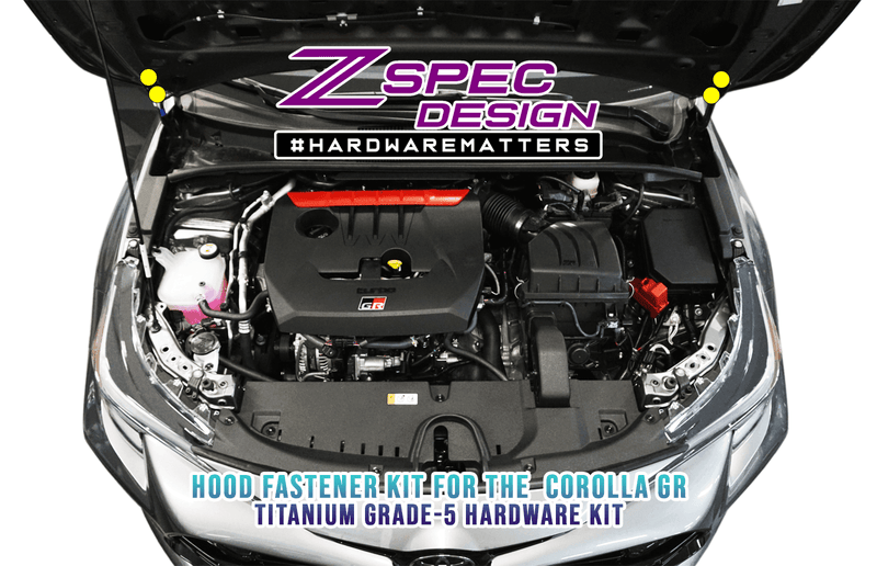 Load image into Gallery viewer, ZSPEC titanium hood fastener kit for GR Corolla, featuring metal hardware installed on the vehicle's hood hinges.