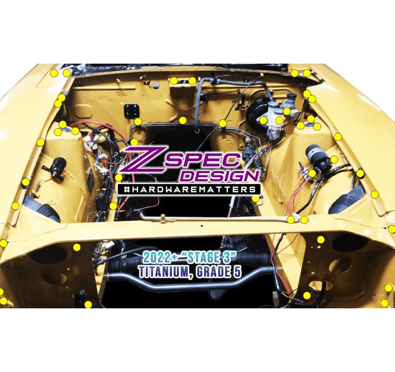 Cargue la imagen en el visor de la galería, ZSPEC titanium bolt kit for '70-'78 Datsun 240z/260z/280z engine bay, showing fastener locations with yellow dots.