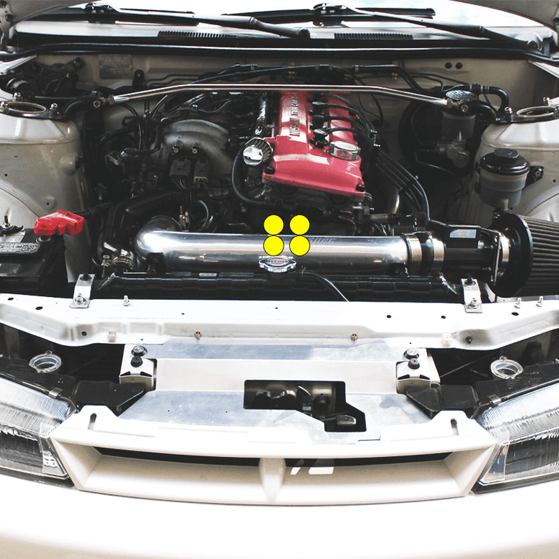 Load image into Gallery viewer, ZSPEC titanium water pump pulley nuts installed on an S14 engine bay with red valve cover and silver intake pipe.