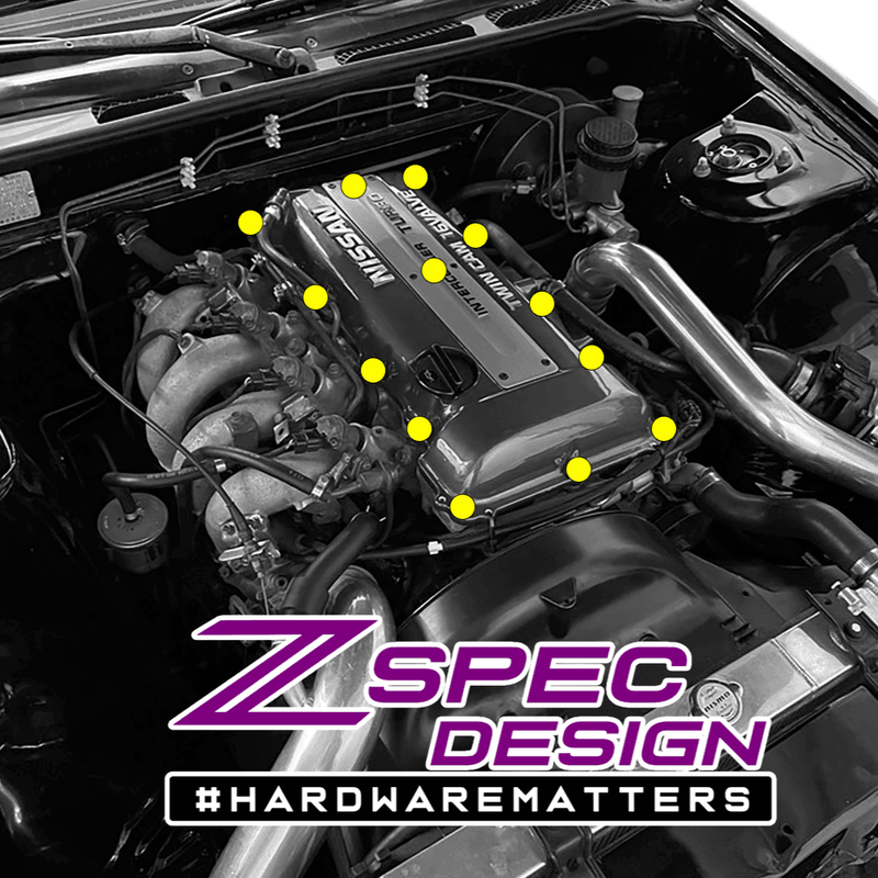 Load image into Gallery viewer, ZSPEC titanium valve cover hardware kit for Nissan SR20DET "Red Top" engine; yellow dots show bolt locations.