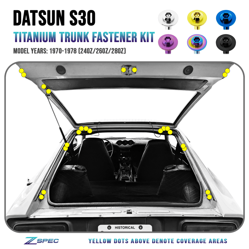 Load image into Gallery viewer, ZSPEC titanium trunk fastener kit for Datsun S30 (240Z/260Z/280Z), showing hardware colors and installation points.
