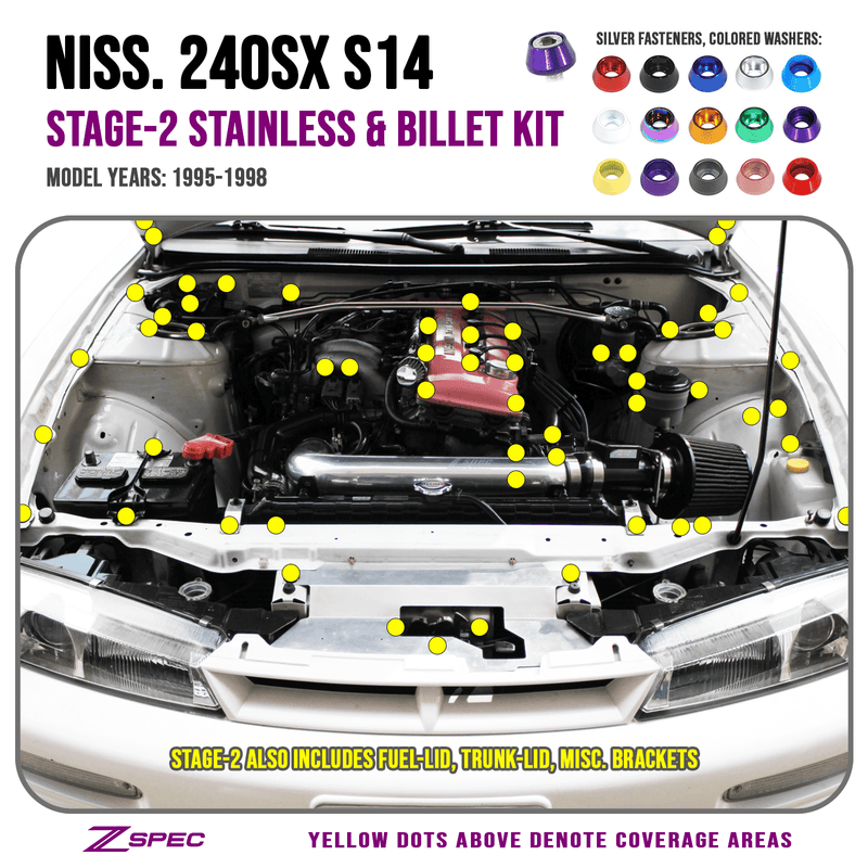 Load image into Gallery viewer, ZSPEC Stage-2 stainless/billet fastener kit for Nissan 240SX S14 engine bay, shown with color washer options.