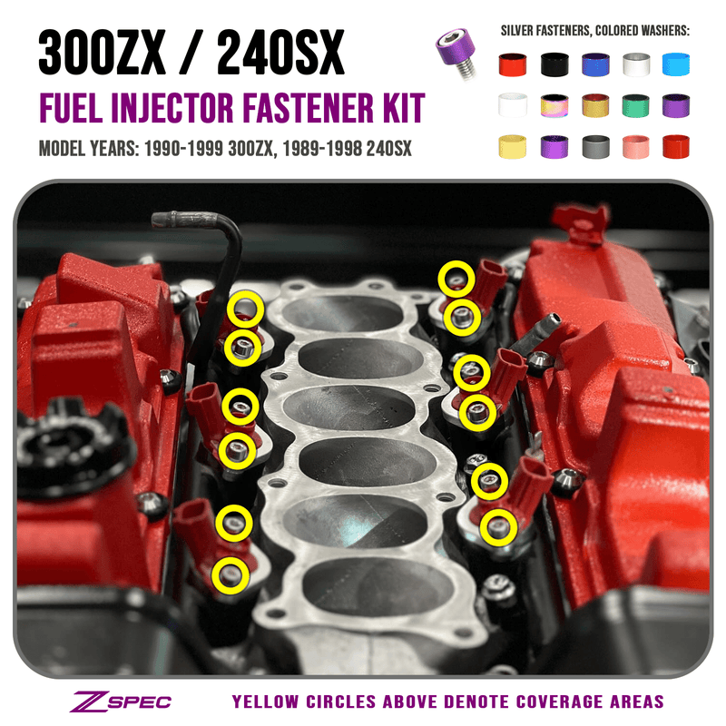 Load image into Gallery viewer, ZSPEC fuel injector fastener kit for Nissan 300ZX and 240SX with stainless bolts and colored billet washers.