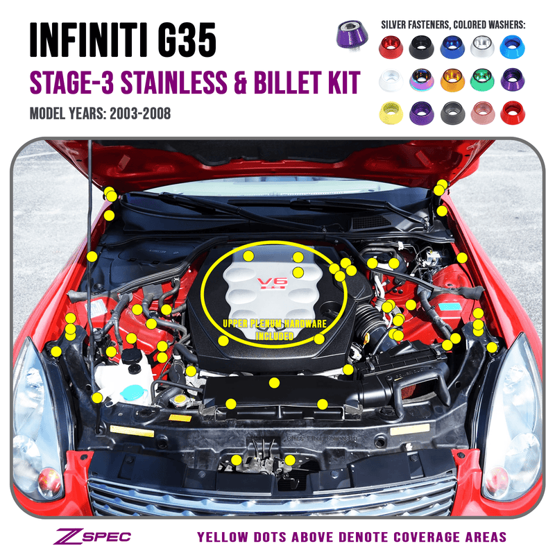 Load image into Gallery viewer, ZSPEC Stage-3 fastener kit for 2003-2008 Infiniti G35 showing engine bay bolt locations with color options.