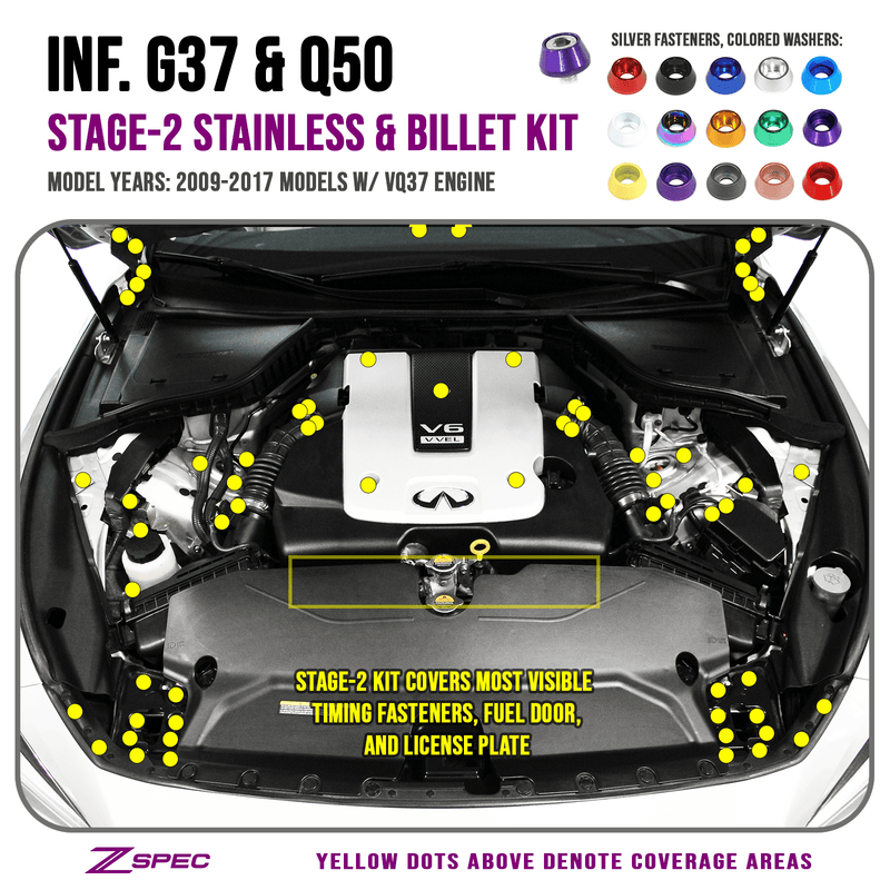 Cargue la imagen en el visor de la galería, ZSPEC fastener kit for Infiniti G37/Q50 (VQ37) showing engine bay install points with silver bolts and colored washers.