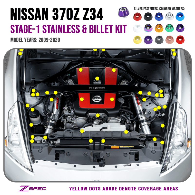 Cargue la imagen en el visor de la galería, ZSPEC stainless and billet fastener kit for Nissan 370Z Z34 (09-20). Diagram shows engine bay coverage with yellow dots.