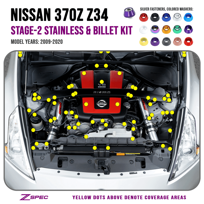 Cargue la imagen en el visor de la galería, ZSPEC Stage-2 Dress Up Bolts® Fastener Kit for '09-20 Nissan 370z Z34, Stainless & Billet