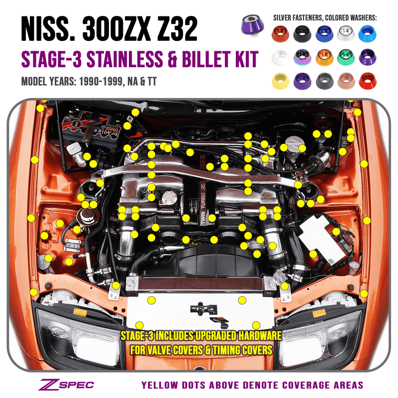 Cargue la imagen en el visor de la galería, ZSPEC Stage-3 fastener kit for Nissan 300ZX Z32 engine bay showing bolt coverage locations with yellow dots.