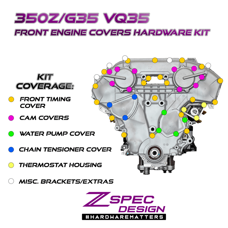 Load image into Gallery viewer, ZSPEC stainless engine cover fastener kit diagram for VQ35DE 350Z/G35, showing color-coded bolt placement points.