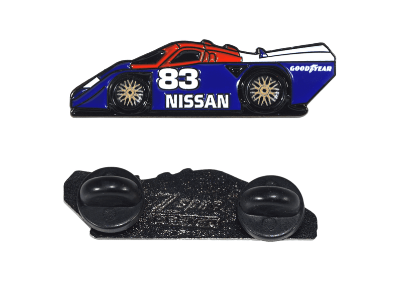 Load image into Gallery viewer, ZSPEC enamel lapel pin featuring the blue, red, and white Nissan GTP ZX-Turbo race car, shown front and back.