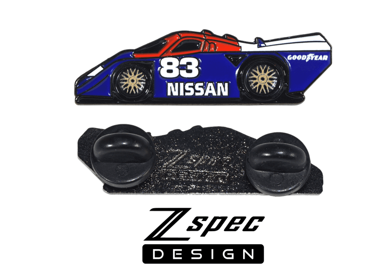Load image into Gallery viewer, ZSPEC lapel pin of a #83 Nissan GTP ZX-Turbo race car in red, white, and blue, showing front and back with black clips.
