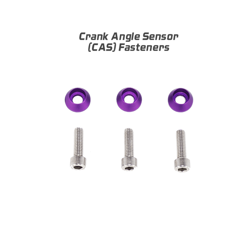 Cargue la imagen en el visor de la galería, Purple ZSPEC Crank Angle Sensor bolt kit for Nissan Skyline R32, R33, R34. Includes stainless bolts and billet washers.