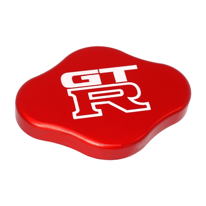 Load image into Gallery viewer, Red ZSPEC billet radiator cap cover for Nissan GT-R R32-R35 with white GT-R logo, isolated on white background.