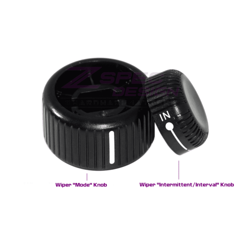 Cargue la imagen en el visor de la galería, Black ZSPEC LHD wiper mode and interval knobs for Nissan 300ZX Z32, new condition with white indicator markings.