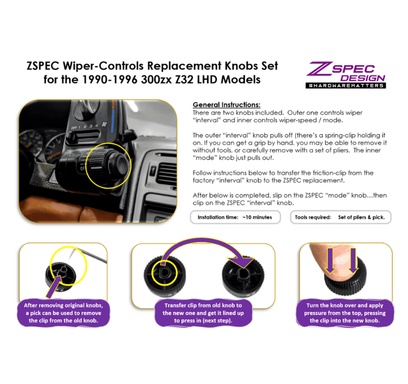 Cargue la imagen en el visor de la galería, ZSPEC black wiper control knob set for Nissan 300ZX Z32 LHD with installation diagrams and instructions.