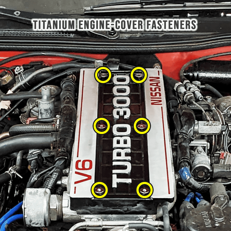 Load image into Gallery viewer, ZSPEC Grade-5 titanium engine-cover fasteners installed on a Nissan 300ZX Z31, highlighted with yellow circles.