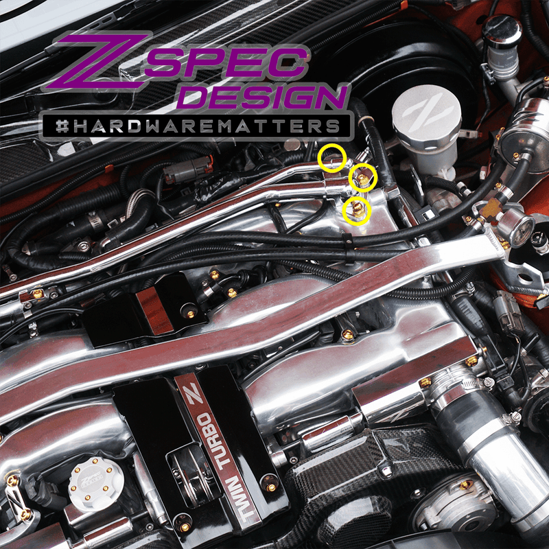 Load image into Gallery viewer, ZSPEC titanium balance tube fastener kit for Nissan 300ZX Z32 engine bay, highlighted with yellow circles.