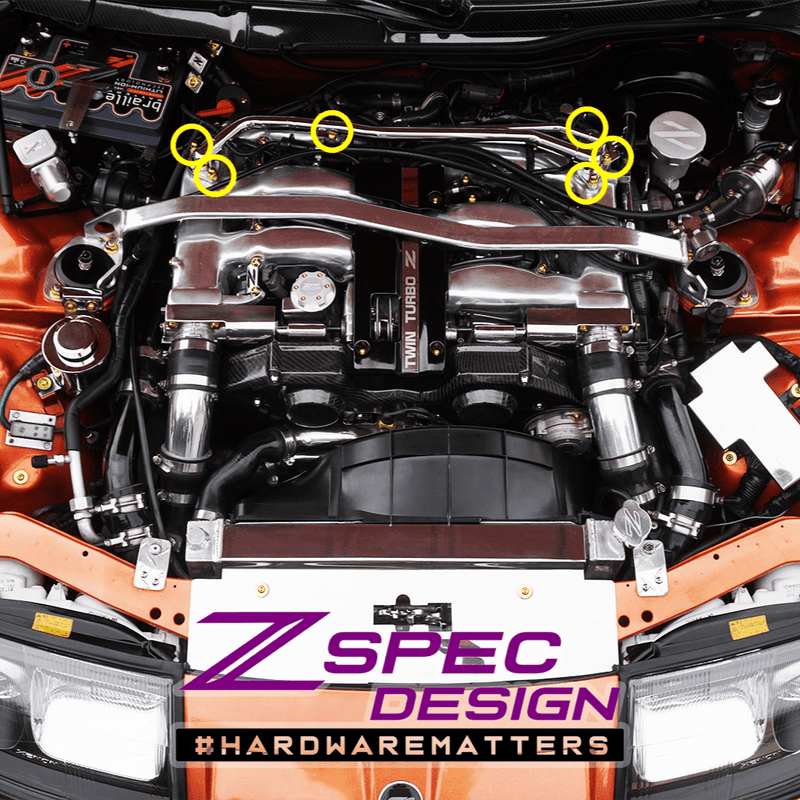 Load image into Gallery viewer, ZSPEC titanium balance tube fastener kit installed on a Nissan 300ZX Z32 engine with highlighted gold hardware.