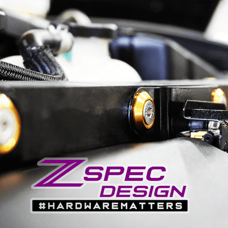 ギャラリービューアに画像をロードする, ZSPEC gold billet and stainless hardware kit installed on a Nissan Z RZ34 engine bay cover.