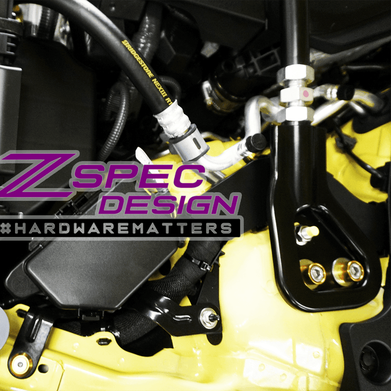 ギャラリービューアに画像をロードする, ZSPEC gold billet and stainless hardware kit installed on a yellow Nissan Z (RZ34) engine bay.