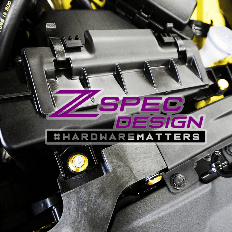 ギャラリービューアに画像をロードする, Gold ZSPEC dress-up bolts installed on a Nissan Z RZ34 engine bay, featuring stainless steel and billet construction.