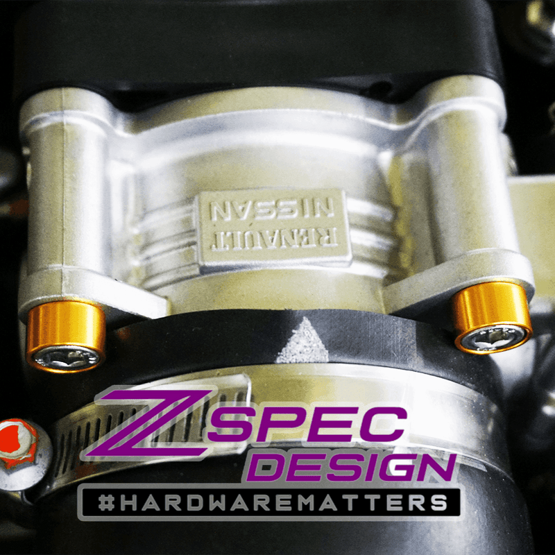 ギャラリービューアに画像をロードする, ZSPEC gold billet dress-up bolts installed on a Nissan Z RZ34 engine component.