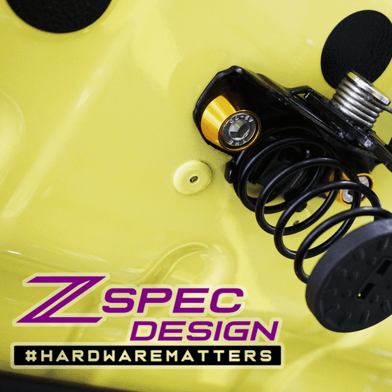 ギャラリービューアに画像をロードする, ZSPEC Stage-1 gold billet bolt hardware kit installed on a yellow Nissan Z RZ34 engine bay.